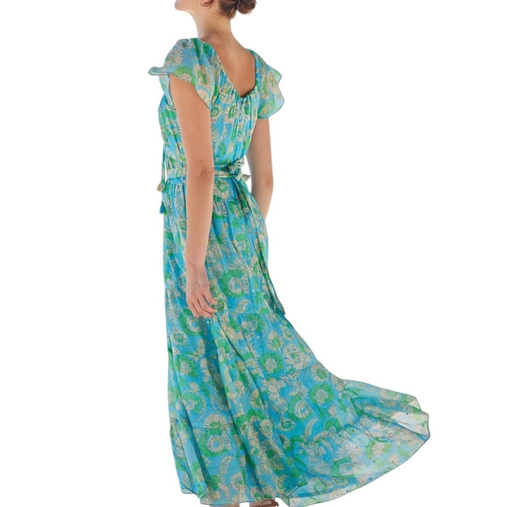 NWT Bella tu Nina Flutter-Sleeve Tie-Waist Maxi Dress Aqua Green Floral medium - Picture 2 of 16